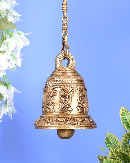 Pure Brass Heavy Hanging Temple Bell with Floral Design – Traditional Decorative Ghanti