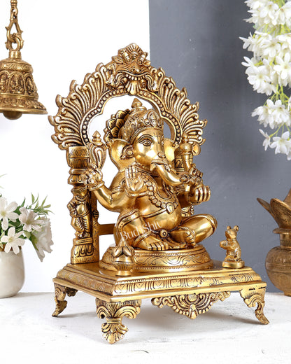 Brass Lord Ganesha with Prabhavali, Mooshak & Kalash Idol – Handcrafted Temple Sculpture 14 inch