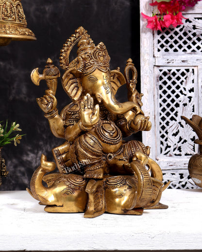 Brass Lord Ganesha on Elephant Heads Aasan – 12.5 inch