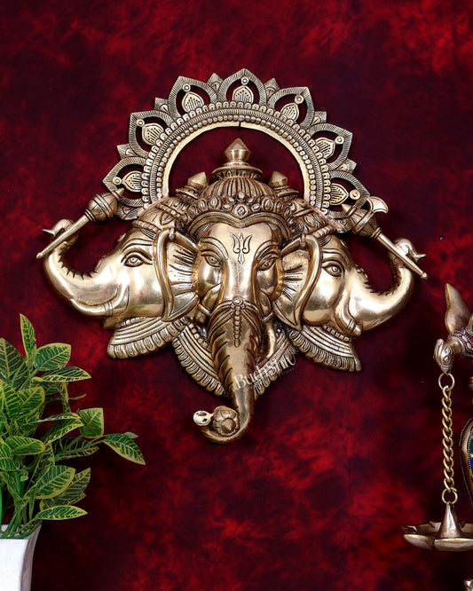 Pure Brass Ganesha wall hanging Trimukhi Ganapati 17.5 inch