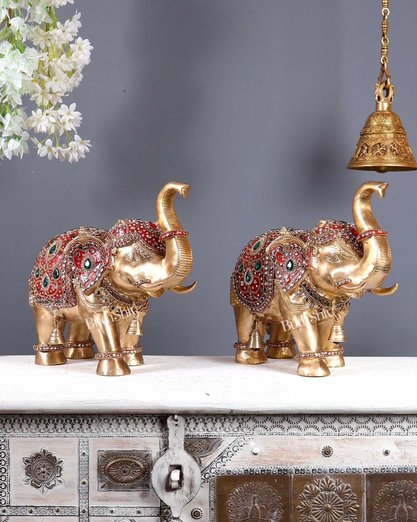 Brass Maharaja Elephant Pair – Rajasthani Meenakari & Stone Work Royal Décor Set (12.5 Inches)