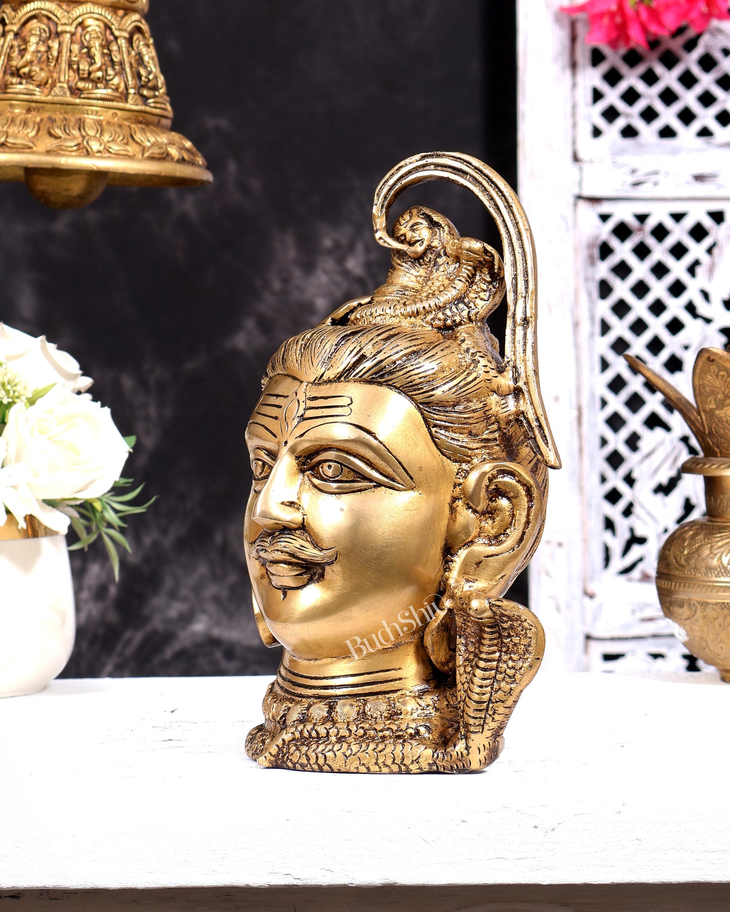 Pure Brass Lord Shiva Mahakal Face Mukhalingam Statue (Antique Tone) 9 inch