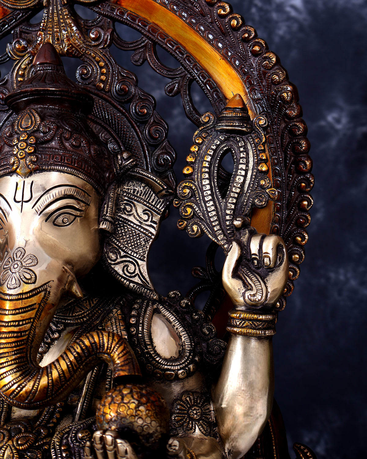 Pure Brass Ganesha large Idol 26 inch with Kirtimukha Prabhavali aureole three tone finish