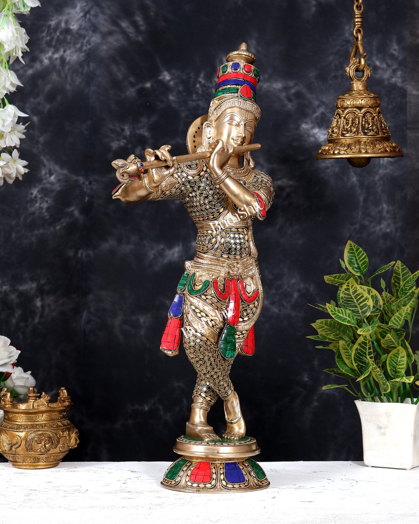 Brass Krishna Statue with Rings and Stonework 23 inch