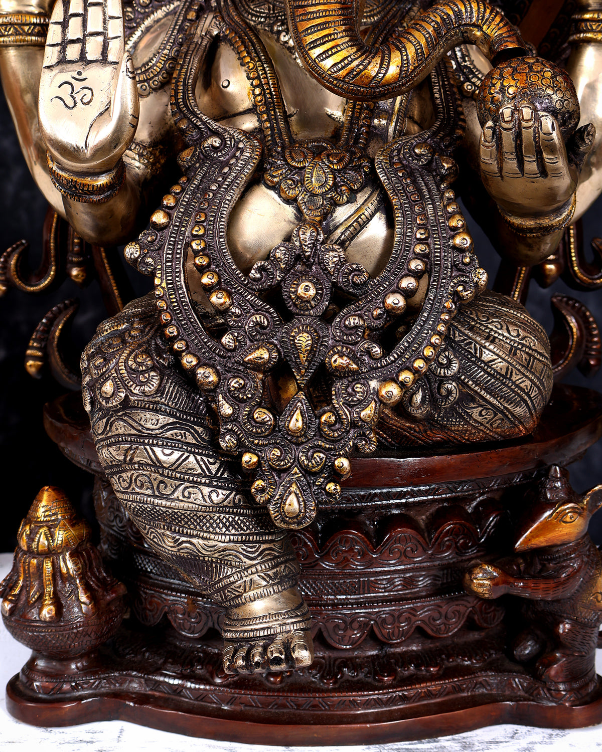 Pure Brass Ganesha large Idol 26 inch with Kirtimukha Prabhavali aureole three tone finish