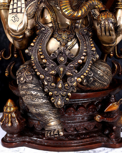 Pure Brass Ganesha large Idol 26 inch with Kirtimukha Prabhavali aureole three tone finish