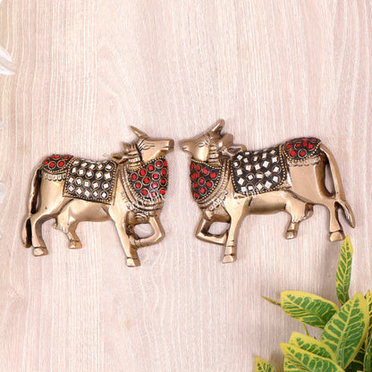 Handcrafted Pure Brass Kamdhenu Cow Wall Hanging for Pooja Room - 5" stonework