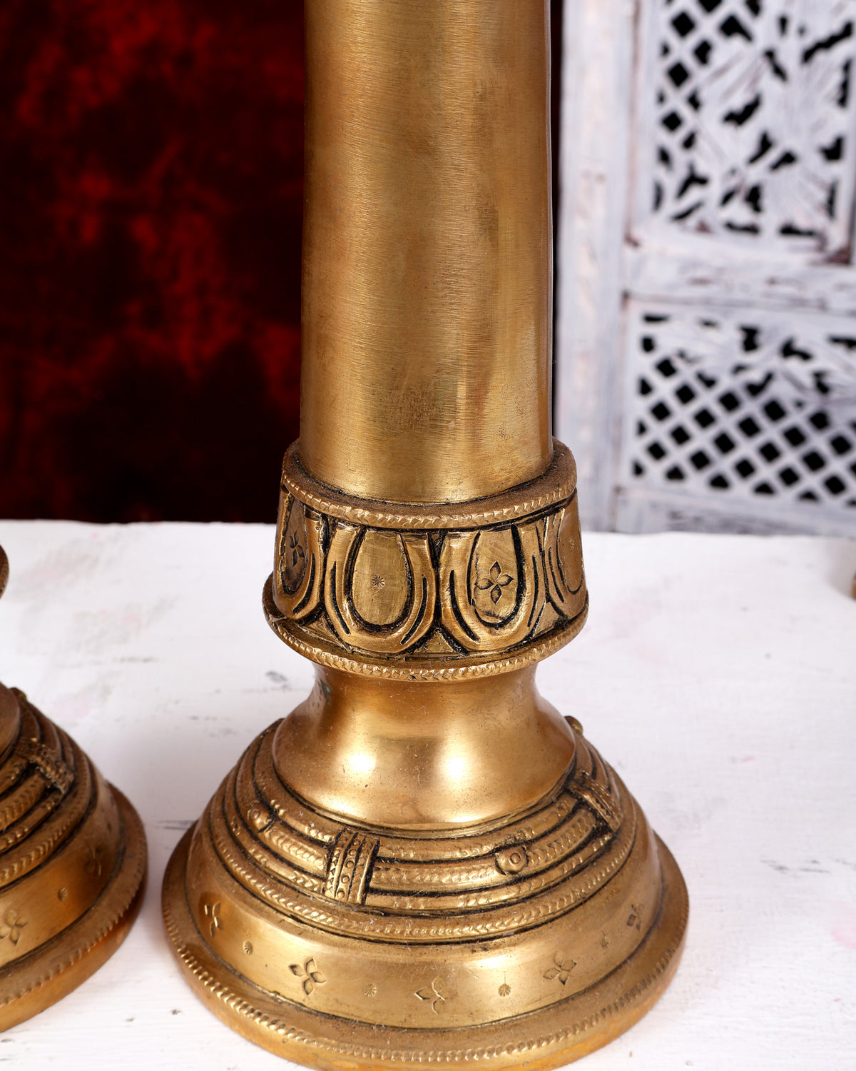 Brass Horse Design Pillar Candle Stand — Classic Theme  14 inch