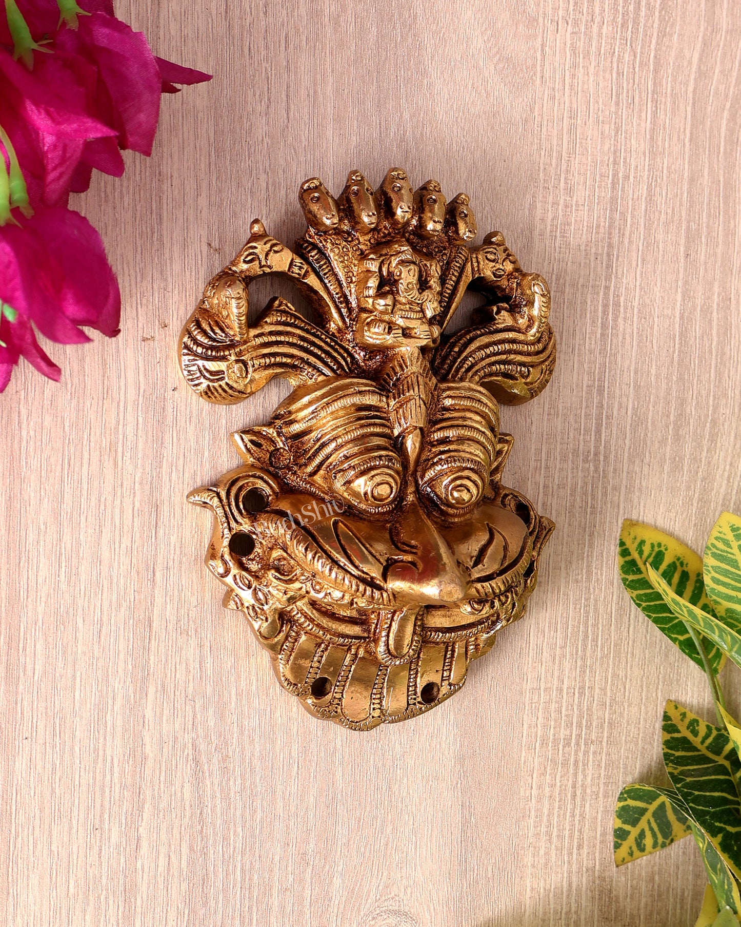 Brass Kirtimukha Yali Face Wall Hanging – Sacred Temple Guardian Décor (5.5 Inch, 800 GM) golden tone
