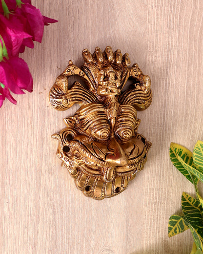 Brass Kirtimukha Yali Face Wall Hanging – Sacred Temple Guardian Décor (5.5 Inch, 800 GM) golden tone
