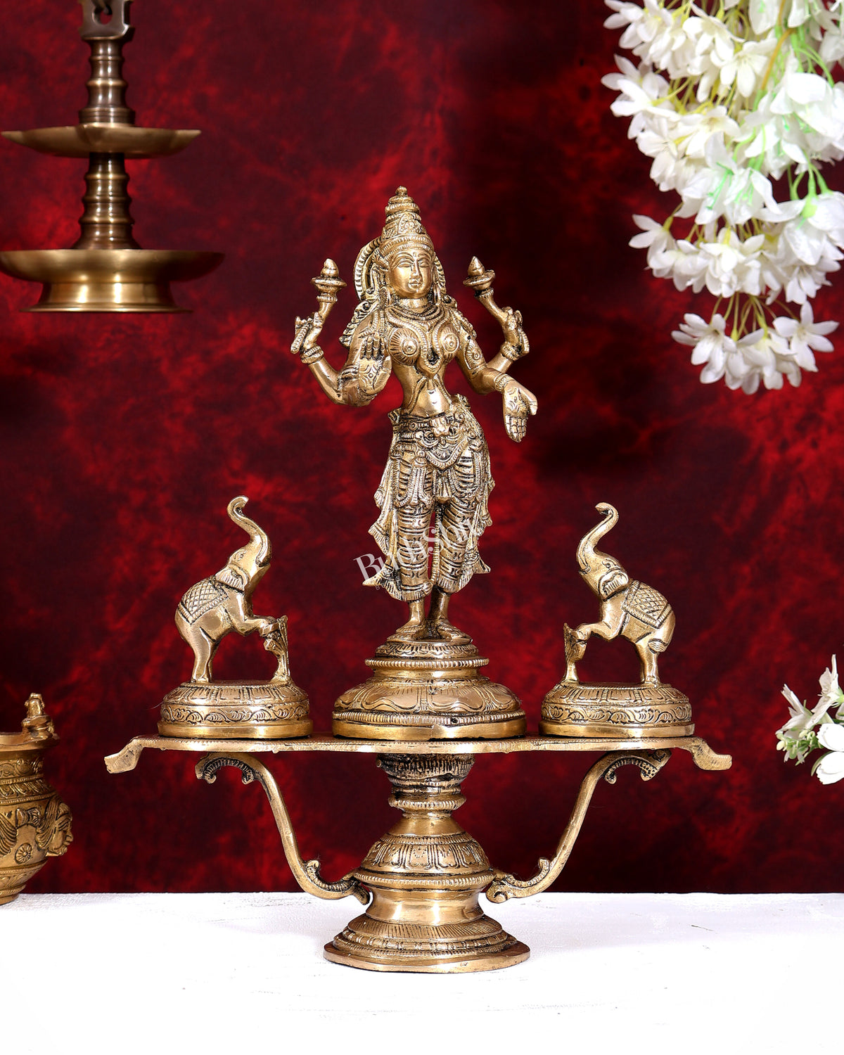 Brass standing Goddess Lakshmi with Two Elephants — Gajalakshmi Masterpiece 14.5 inch