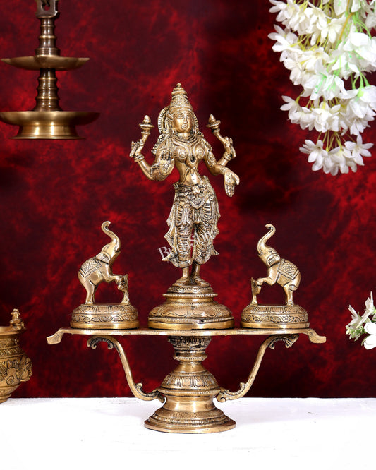 Brass standing Goddess Lakshmi with Two Elephants — Gajalakshmi Masterpiece 14.5 inch