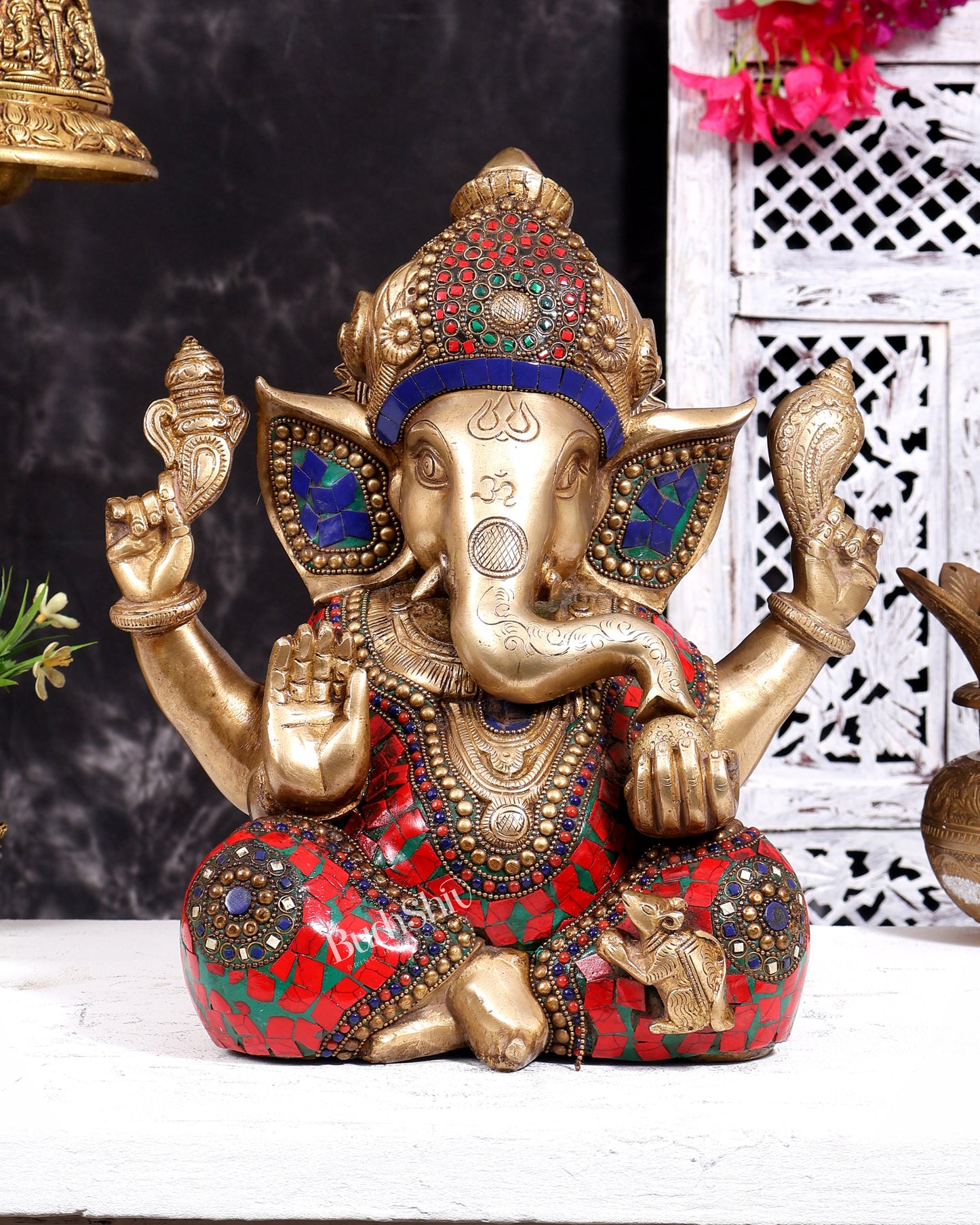 Ganesha Brass Idol with Mosaic Stonework - 12 inch