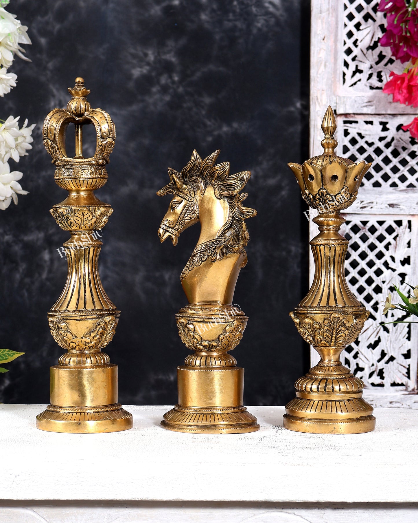 Brass Chess King, Queen & Knight — Decorative Showpiece Set 13 inch