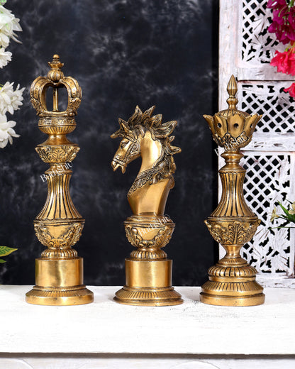 Brass Chess King, Queen & Knight — Decorative Showpiece Set 13 inch