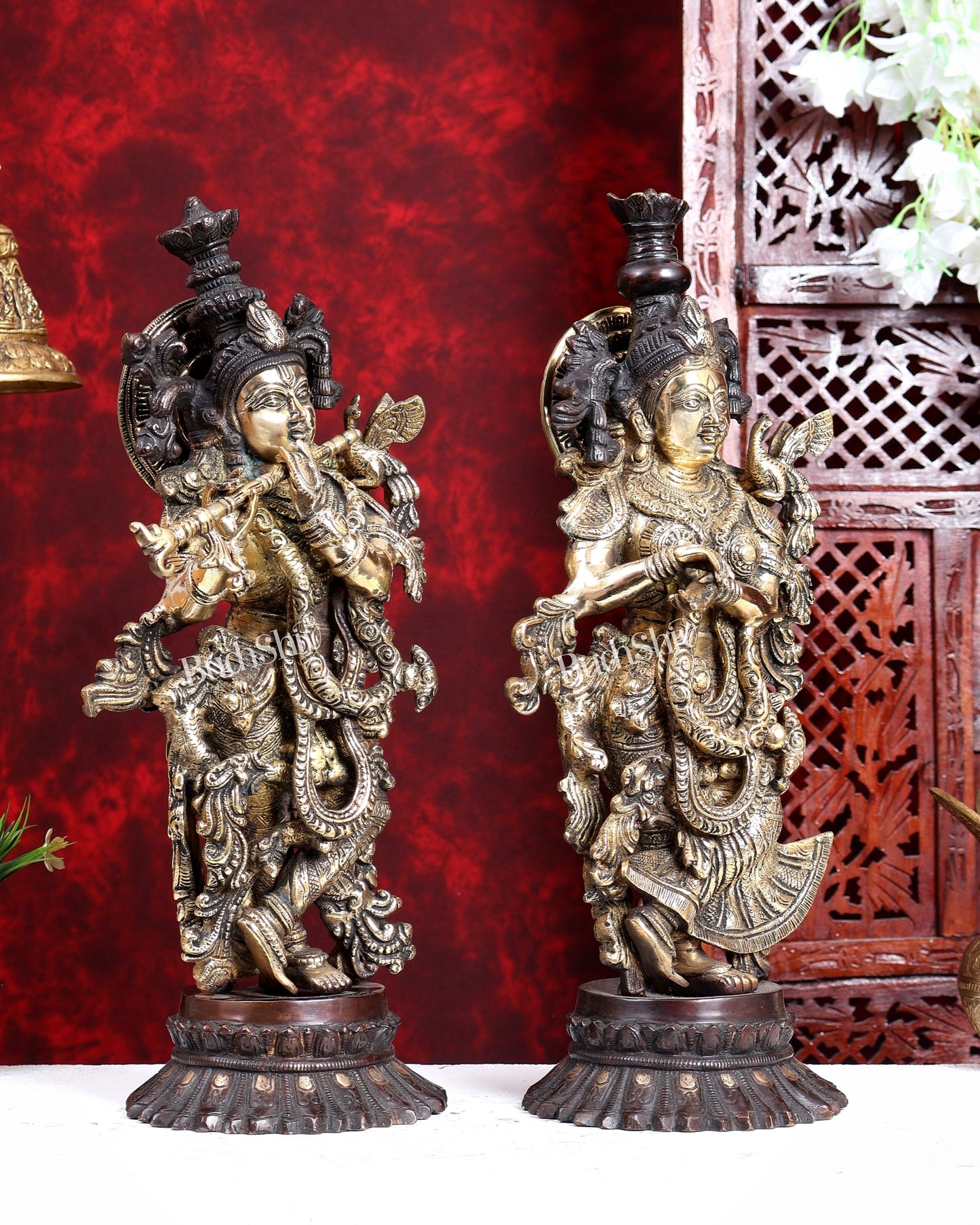 Brass Radha Krishna Idols on Lotus Base 21 inch dual tone