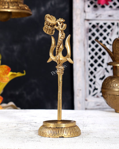 Brass Shiva Trishul with Damru and Om — Third Eye Carvings 7 inch