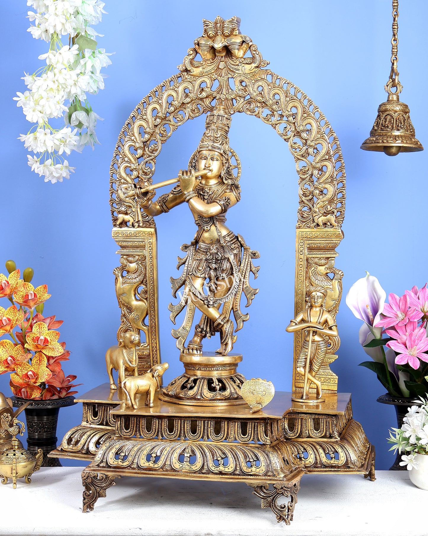 Premium Brass Lord Krishna with Cow, Calf, Sheshanaag, Sudama & Kirtimukha Prabhavali – Grand Venugopala Sculpture (36.5 Inches)