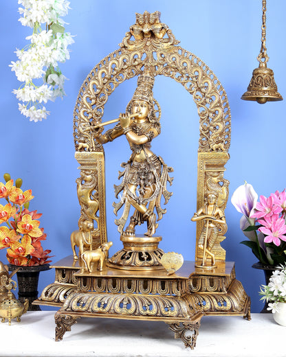 Premium Brass Lord Krishna with Cow, Calf, Sheshanaag, Sudama & Kirtimukha Prabhavali – Grand Venugopala Sculpture (36.5 Inches)