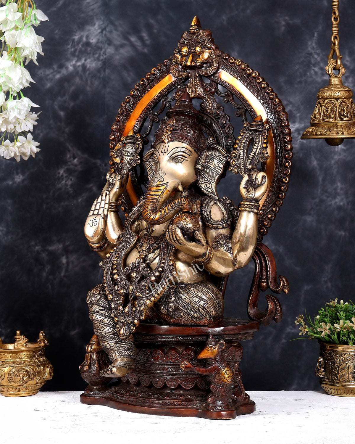 Pure Brass Ganesha large Idol 26 inch with Kirtimukha Prabhavali aureole three tone finish