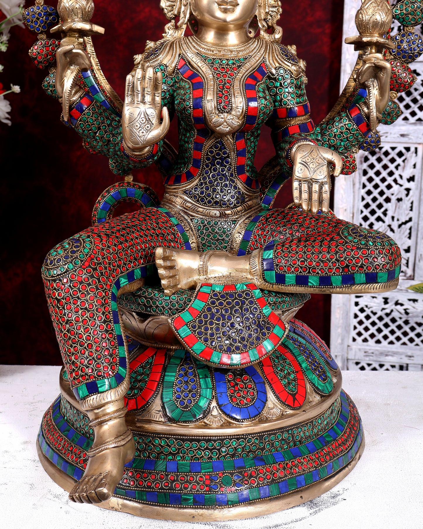 Pure Brass Large Lakshmi Devi Statue with Stonework – 27 inch