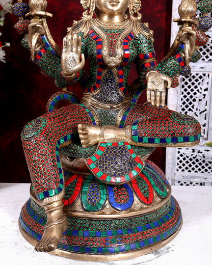 Pure Brass Large Lakshmi Devi Statue with Stonework – 27 inch