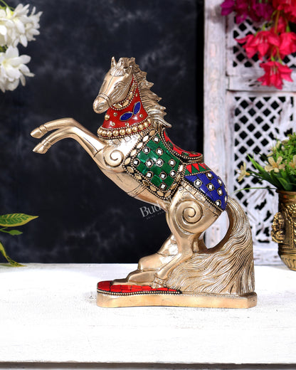 Pure Brass Vastu Feng Shui Jumping Horse Statue — with Stonework 8.5 inch