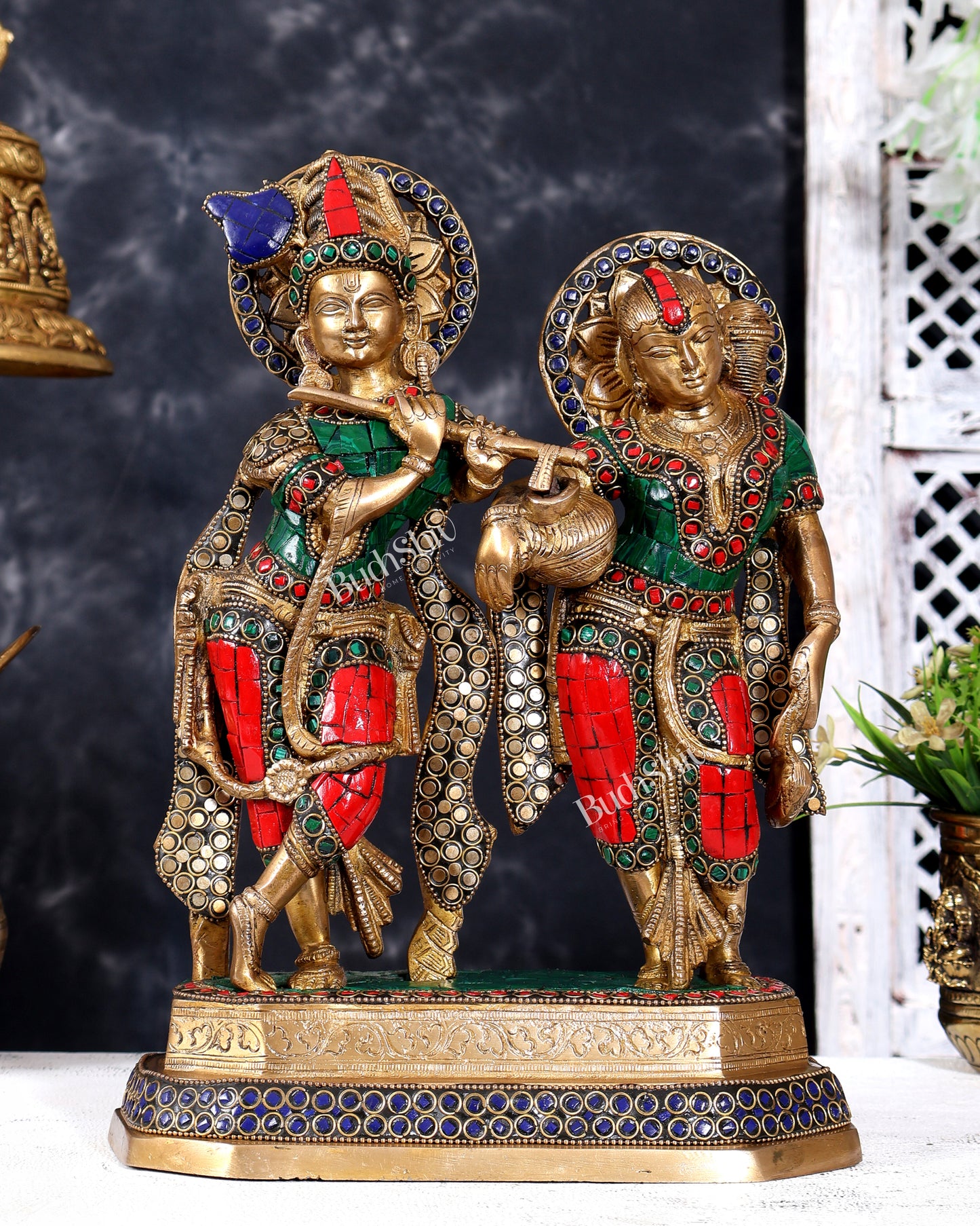 Brass Unique Radha Krishna Statue with Meenakari Stonework 12 inch