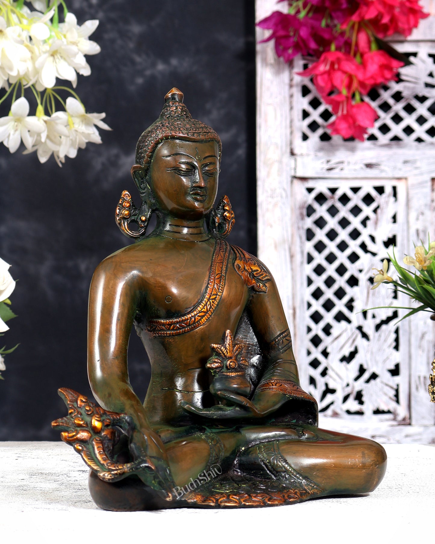 Vintage Brass Medicine Buddha (Healing Buddha) — Nepalese Bronze Tone 9 inch