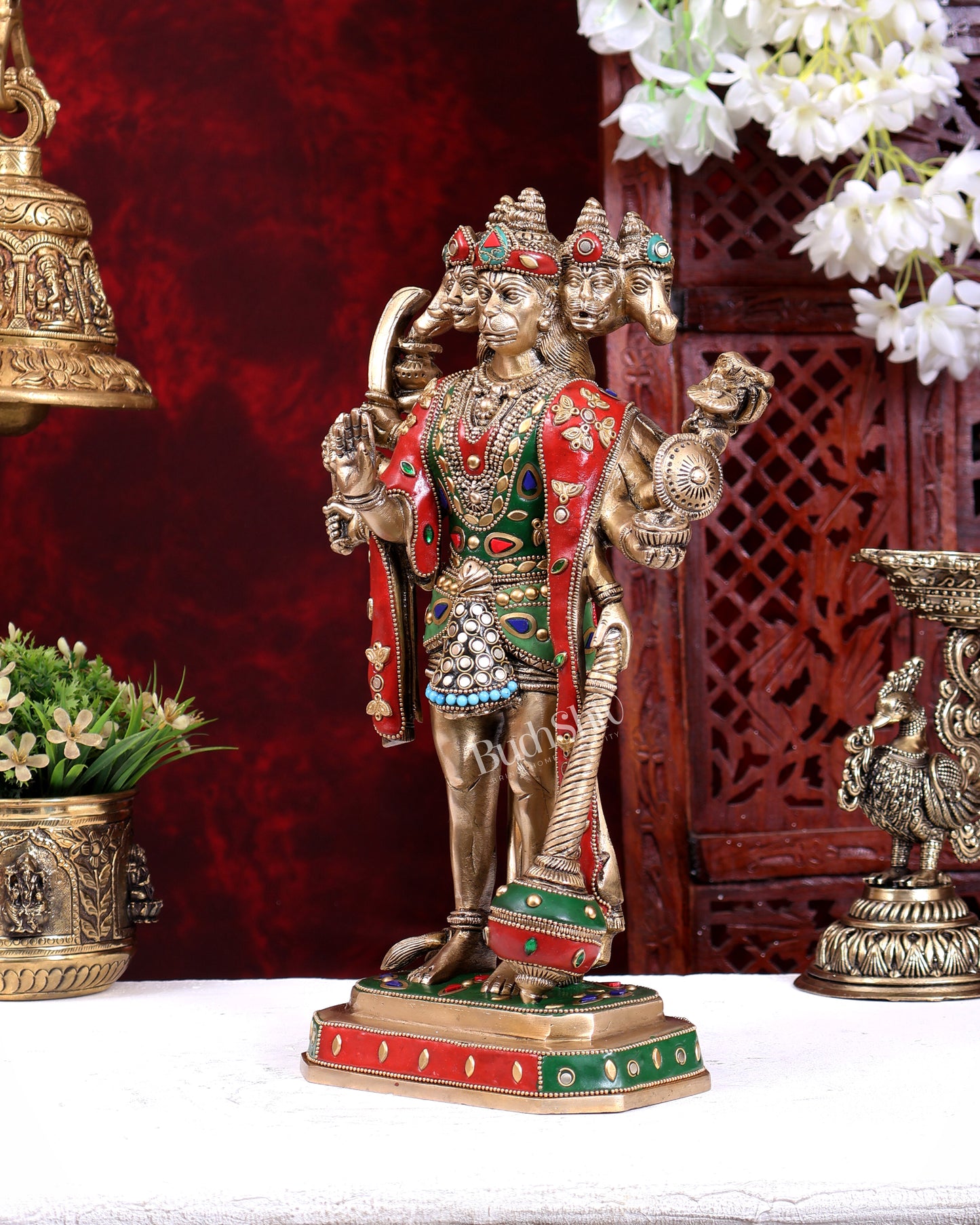 Brass Standing Panchmukhi Hanuman Statue – Superfine Handcrafted Idol (14 Inch) with stonework