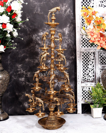 Brass Multi-Layer Parrot Lamp — 108 Diyas, 22 Parrots (Antique Tone) 38 inch