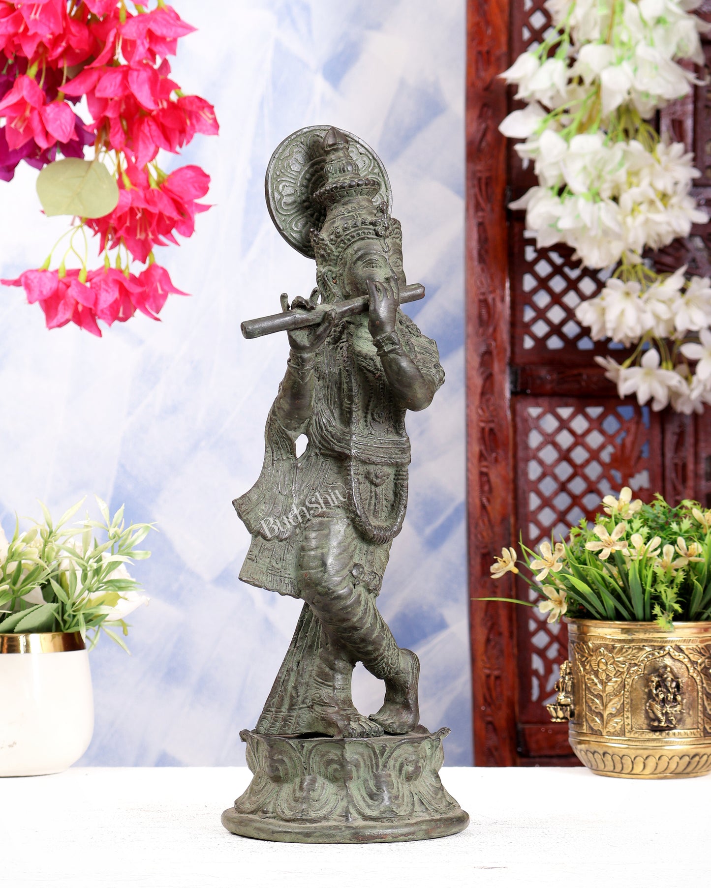 Bronze Krishna Statue – Antique Patina Indonesian Style 13.5 inch