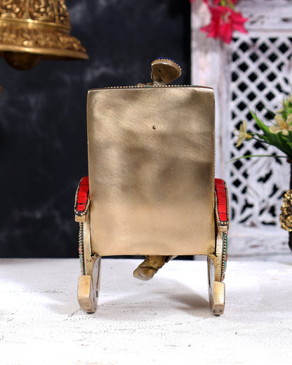 Brass Ganesha on Rocking Chair – Cute Relaxing Idol Gift 6.5 inch with Stonework
