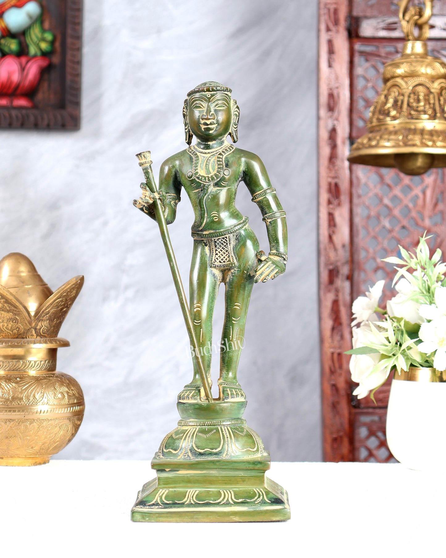 Pure Brass Kartikeya Palani Murugan KumaraSwamy Idol | 11 Inch Green tone