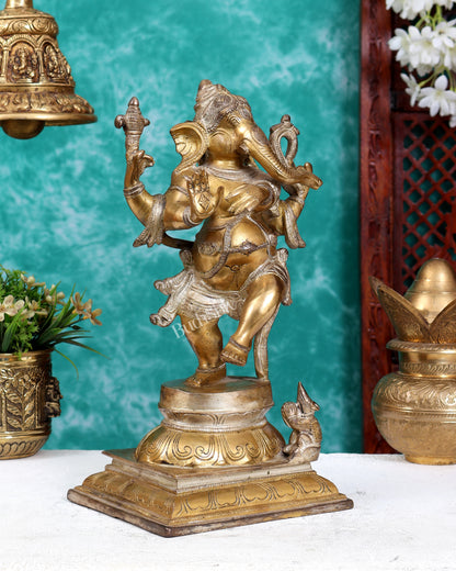 Pure Brass Dancing Ganesha (Nritya Ganapati) Statue – 12.5 inch dual tone