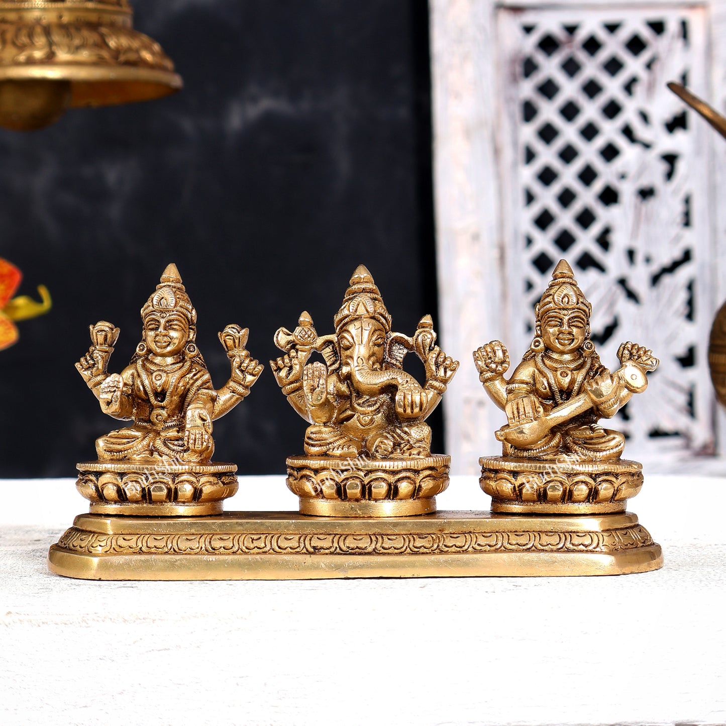 Brass Ganesha Lakshmi Saraswati Idol — Same Base 3.5 inch