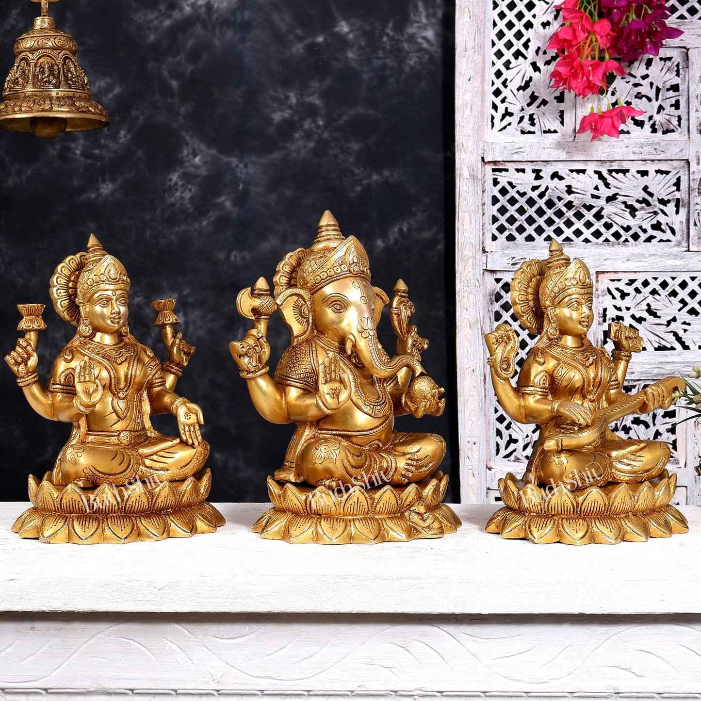 Brass Ganesha Lakshmi Saraswati on Lotus — Idol Set 10.5 inch