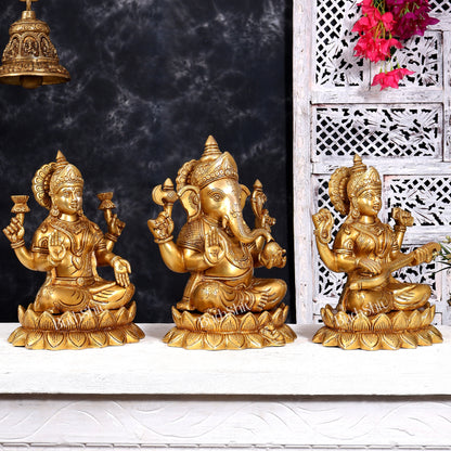 Brass Ganesha Lakshmi Saraswati on Lotus — Idol Set 10.5 inch