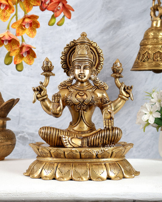 Brass Goddess Lakshmi on Lotus Statue – Highly Detailed Mahalakshmi Idol (12 Inches)