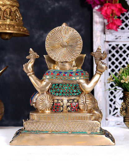Pure Brass Lord Ganesha Idol - 9 inch with Stonework