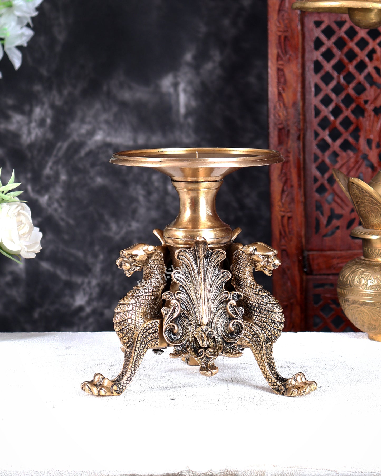 Brass Yali Candle Stand – Unique Mythical Creature Design Decorative Holder 7 inch