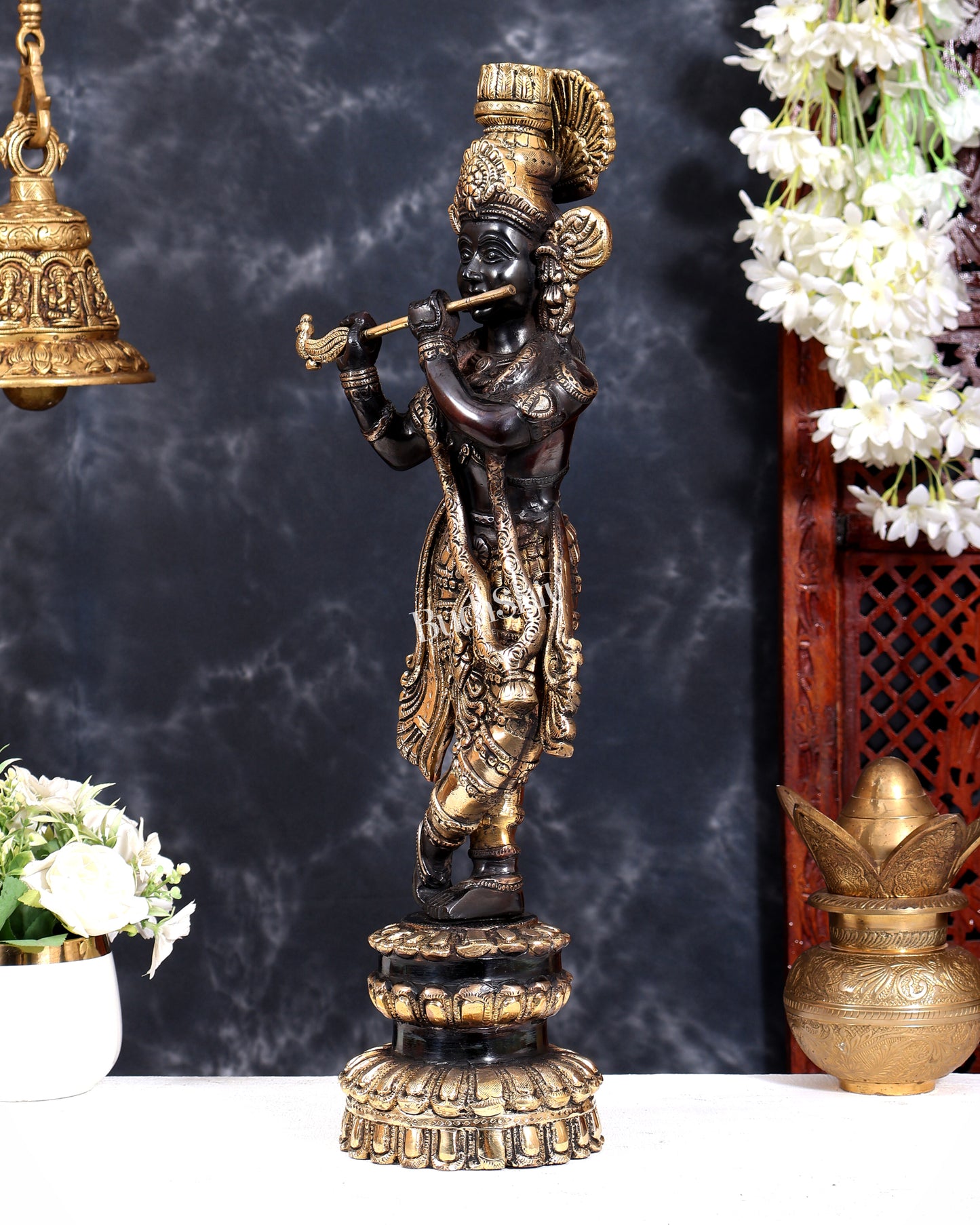 Brass Krishna Statue Unique Design 20 inch black and gold finish