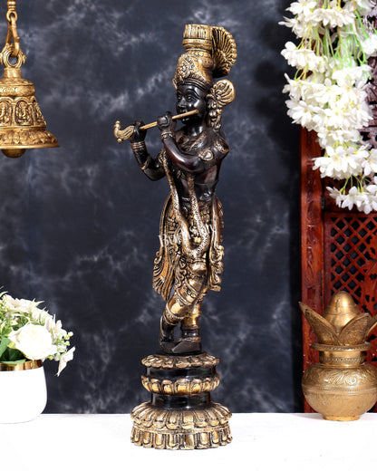 Brass Krishna Statue Unique Design 20 inch black and gold finish