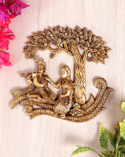 Brass Radha Krishna with Kalpavriksha Tree Wall Hanging | Pure Brass Vrindavan Wall Décor 10 inch wide