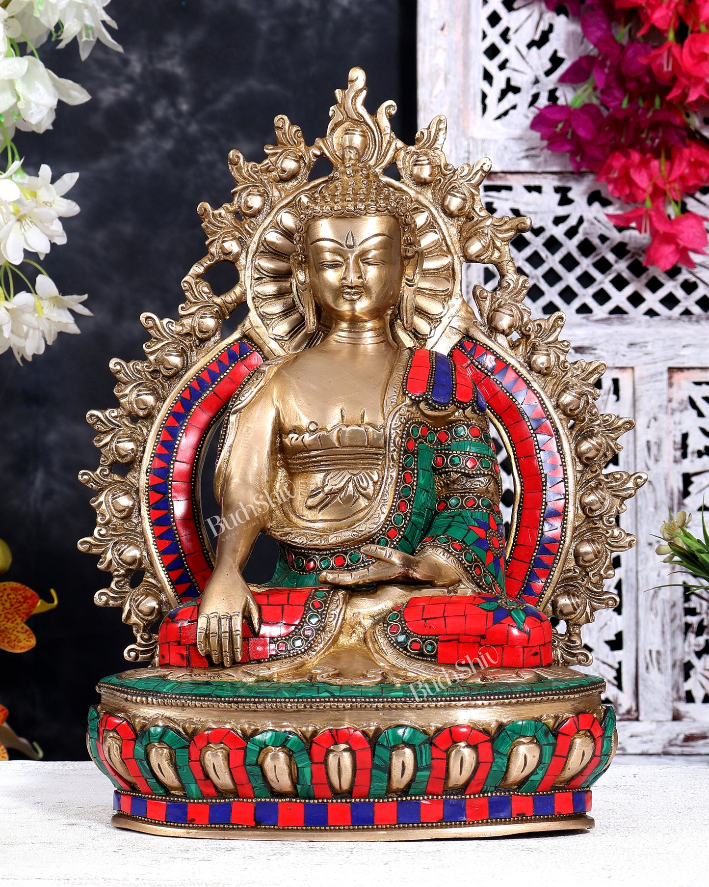 Brass Tibetan Buddha with Stonework on Throne with Aura 14.5 inch