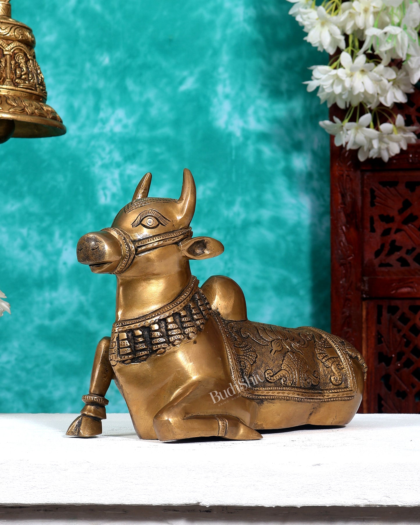 Pure Brass Nandi Bull Statue with Unique Lotus Carvings 10 inch