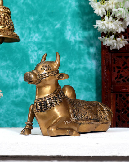 Pure Brass Nandi Bull Statue with Unique Lotus Carvings 10 inch