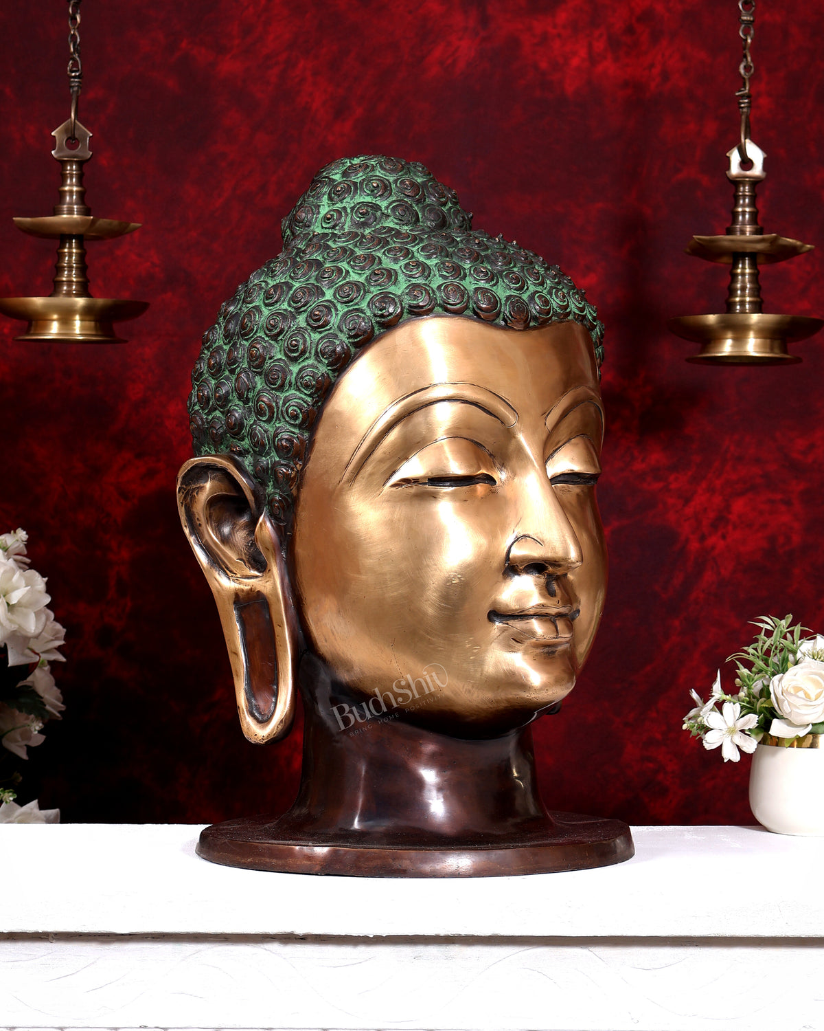 Brass Buddha Head Large — Brown and Green Sand Finish 21 inch