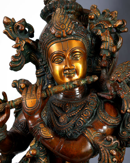 Brass large Krishna with cow statue 29 inch Antique bronze tone
