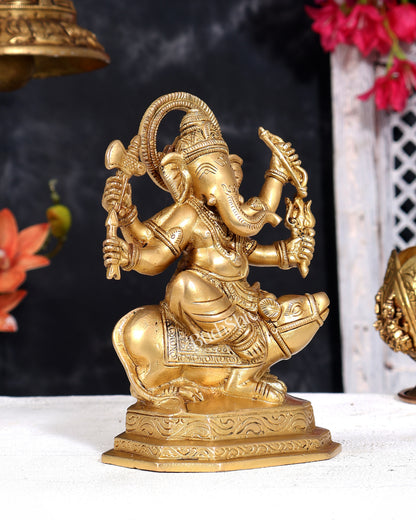 Brass Ganesha Sitting on Mooshak (Mouse) Statue — Unique Form 6 inch